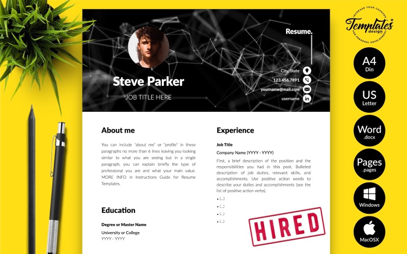 Steve Parker - Microsoft Word ve iWork Sayfaları için Kapak Mektubu ile Yaratıcı CV Özgeçmiş Şablonu