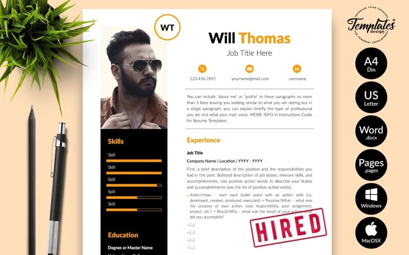 Уилл Томас - Шаблон резюме Creative CV с сопроводительным письмом для Microsoft Word и iWork Pages