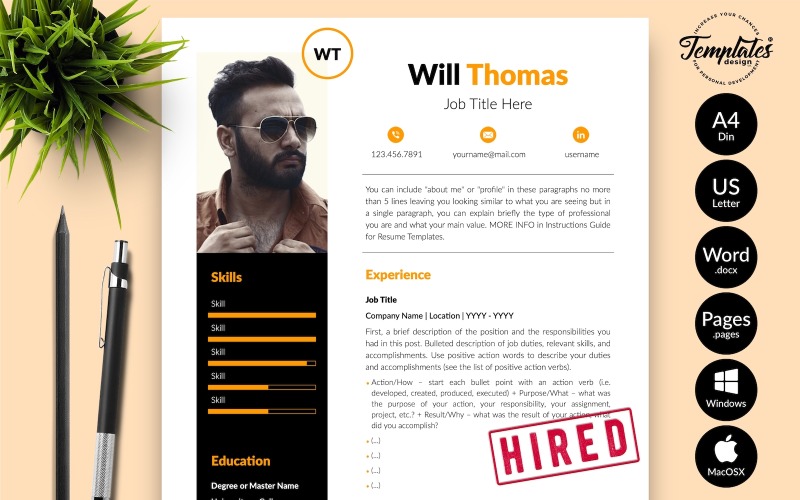 Will Thomas - Kreative Lebenslauf-Vorlage mit Anschreiben für Microsoft Word- und iWork-Seiten