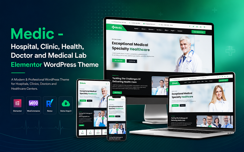 Medic - Nemocnice, klinika, zdraví, lékař a lékařská laboratoř Elementor WordPress šablona