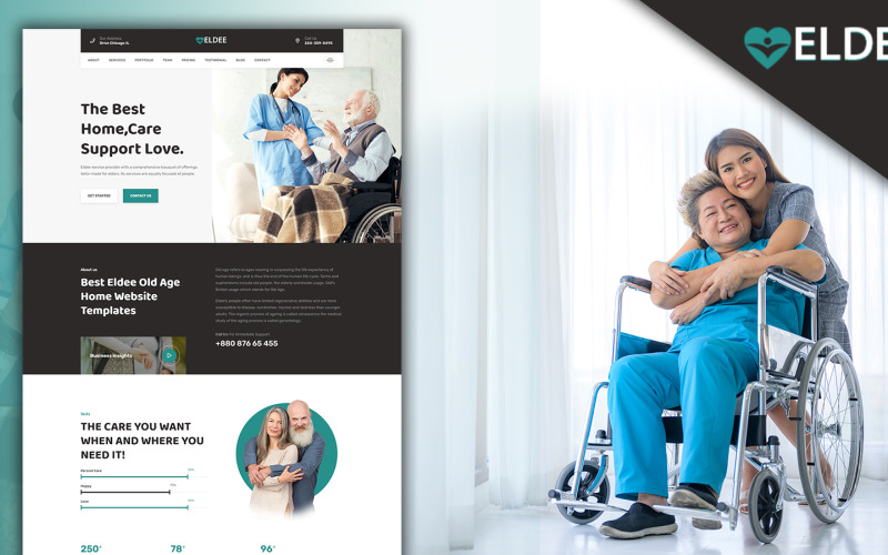 Thème WordPress de la page de destination des soins aux personnes âgées de Powar-Eldee