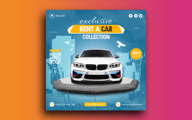 Plantilla de banner de publicación de instagram de publicación de redes sociales de Rent A Car