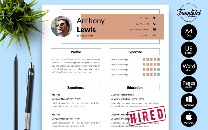 Anthony Lewis - Creative CV Resume Template with Cover Letter for Microsoft Word & iWork Pages