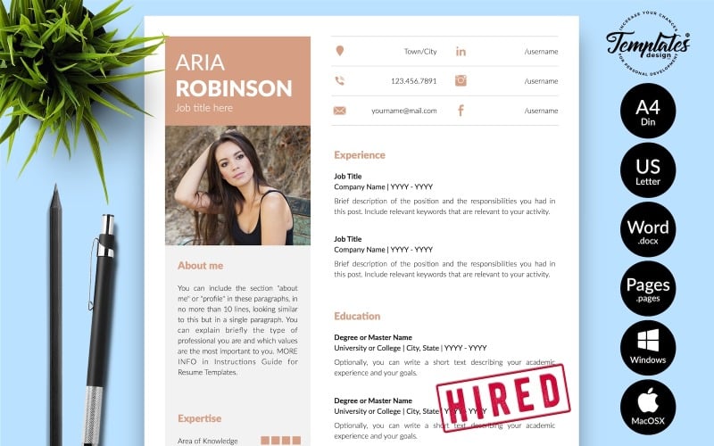 Aria Robinson - Microsoft Word ve iWork Sayfaları için Kapak Mektubu ile Yaratıcı CV Özgeçmiş Şablonu
