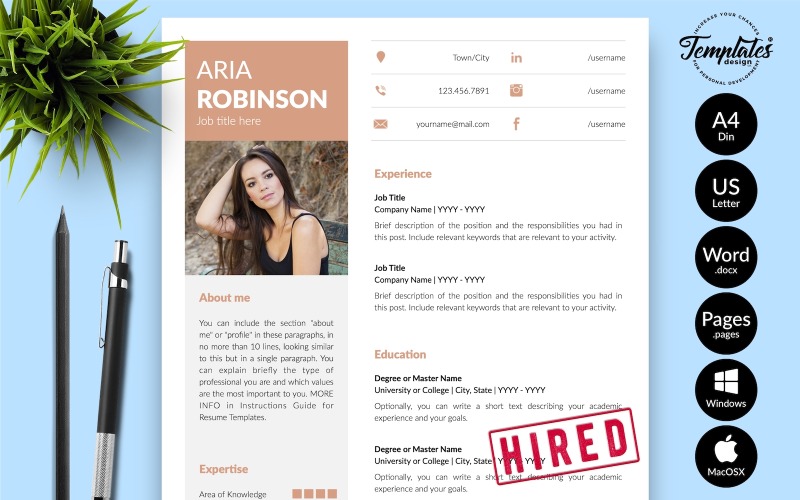 Aria Robinson - Modelo de currículo criativo com carta de apresentação para Microsoft Word e iWork Pages