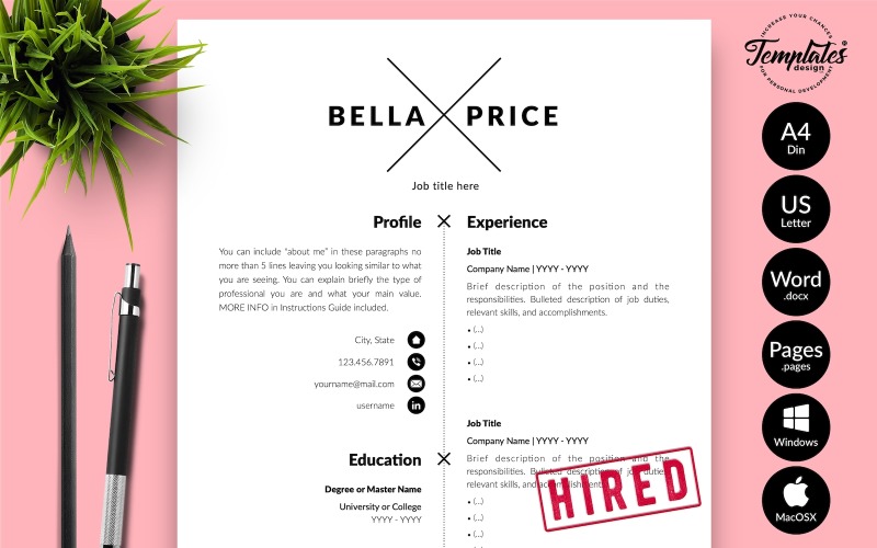 Bella Price - 带有 Microsoft Word 和 iWork 页面的求职信的基本简历简历模板
