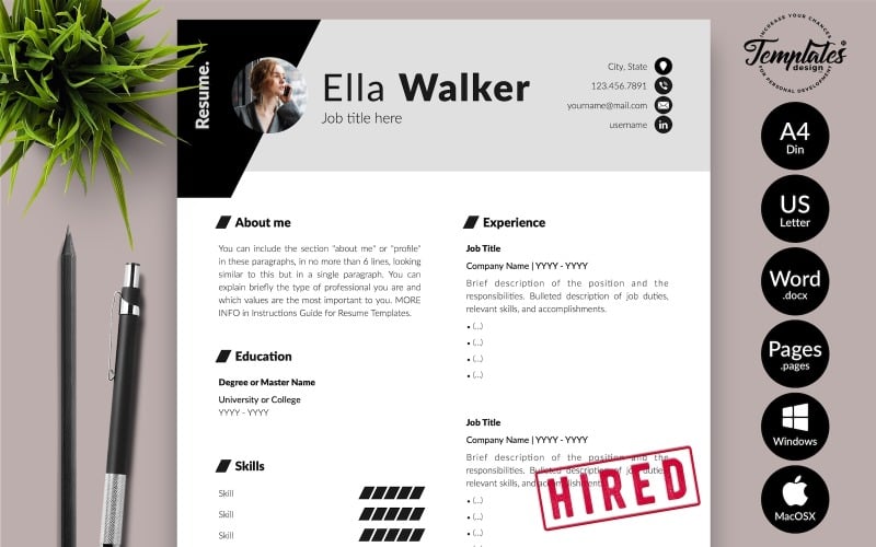 Элла Уокер - Шаблон креативного резюме с сопроводительным письмом для страниц Microsoft Word и iWork