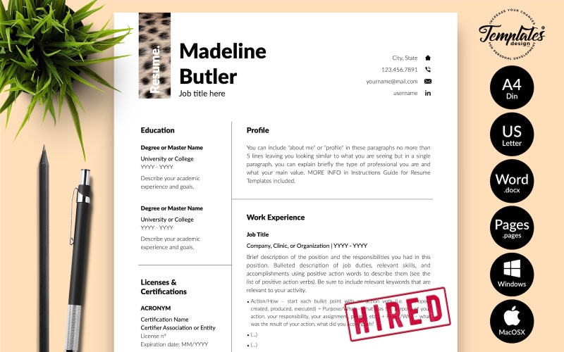 Madeline Butler - modelo de currículo veterinário com carta de apresentação para páginas do Microsoft Word e iWork