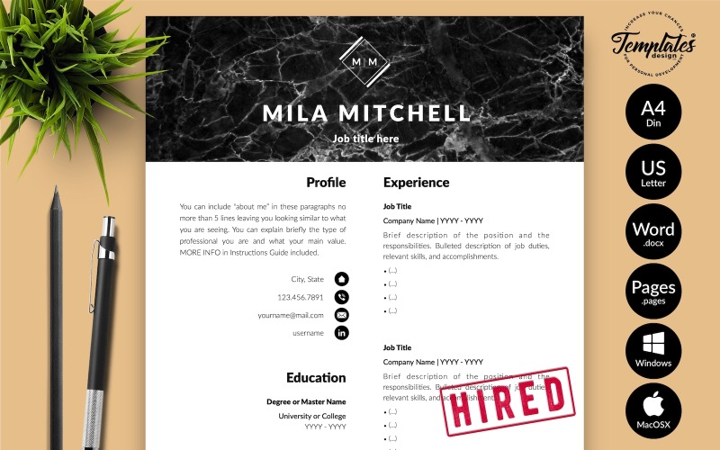 Mila Mitchell - Modello di curriculum moderno con lettera di presentazione per Microsoft Word e pagine iWork