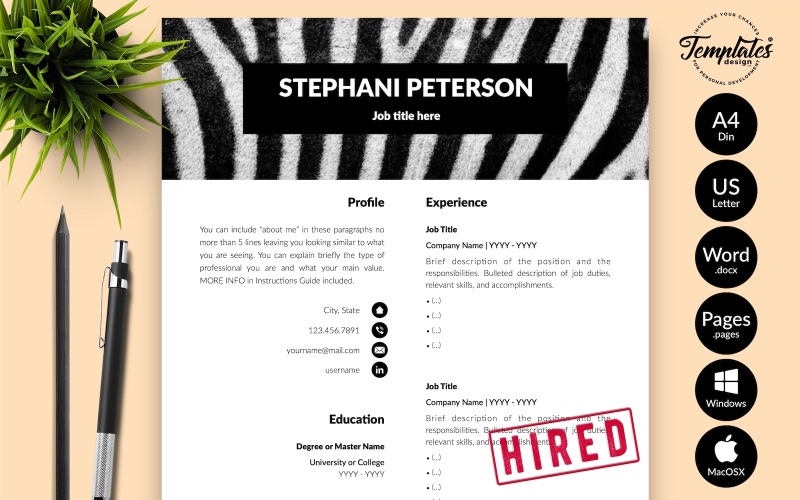 Stephani Peterson - Veterinär CV-mall med följebrev för MS Word & iWork-sidor