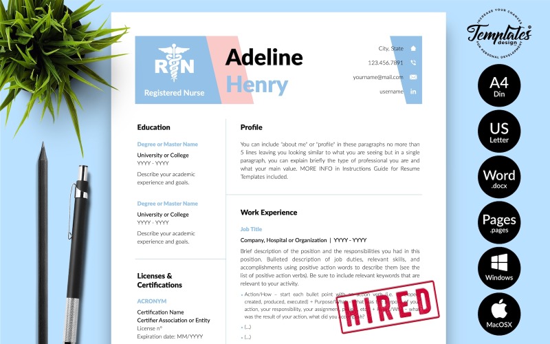 Adeline Henry - Microsoft Word ve iWork Sayfaları için Ön Yazılı Hemşirelik Özgeçmiş Şablonu
