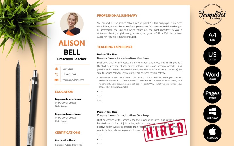 Alison Bell - Modello di curriculum per insegnante con lettera di presentazione per Microsoft Word e pagine iWork