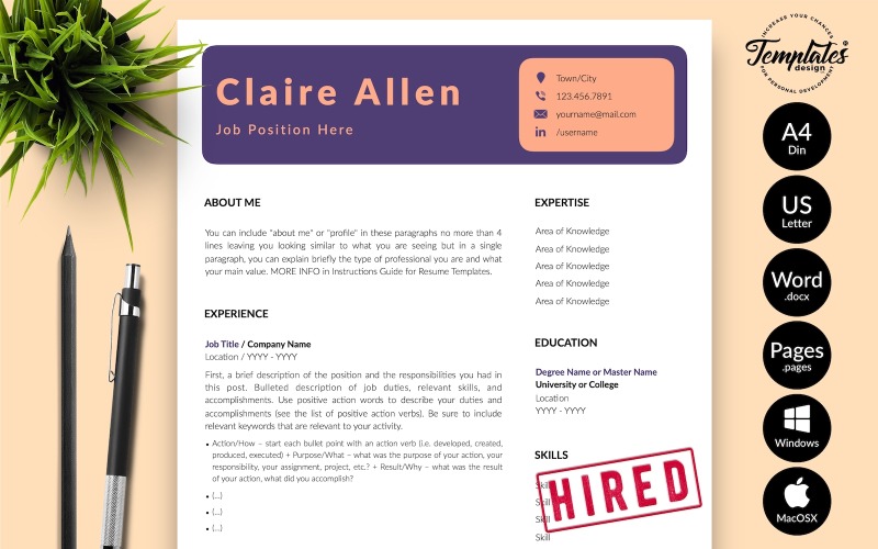Claire Allen - Creative CV Resume Template with Cover Letter for Microsoft Word & iWork Pages