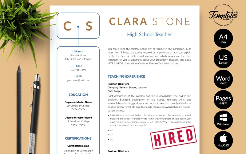 Clara Stone - Modello di curriculum per insegnante con lettera di presentazione per Microsoft Word e pagine iWork