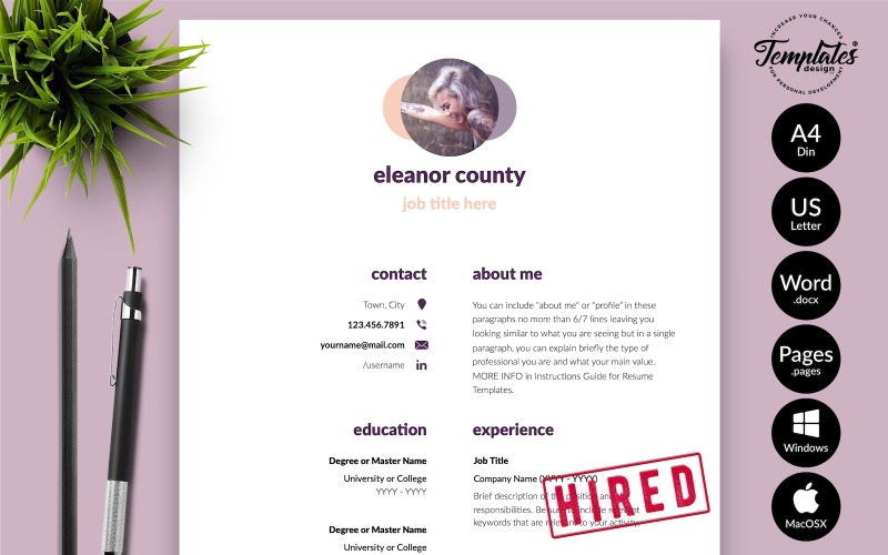 Eleanor County – Egyszerű önéletrajz-sablon motivációs levéllel Microsoft Word és iWork oldalakhoz