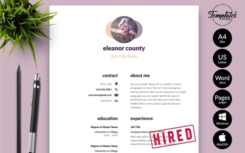 Eleanor County - Simple CV Resume Template with Cover Letter for Microsoft Word & iWork Pages