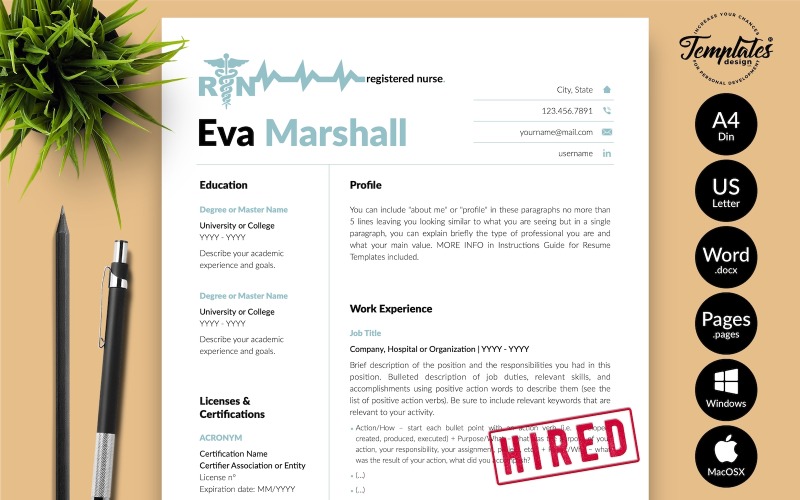 Eva Marshall - 带有 Microsoft Word 和 iWork 页面的求职信的护士简历简历模板