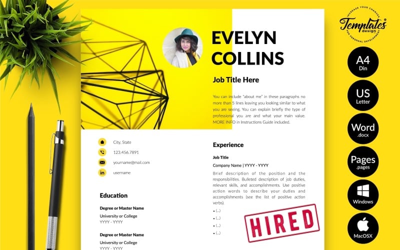 Evelyn Collins - Modelo de currículo moderno com carta de apresentação para páginas do Microsoft Word e iWork
