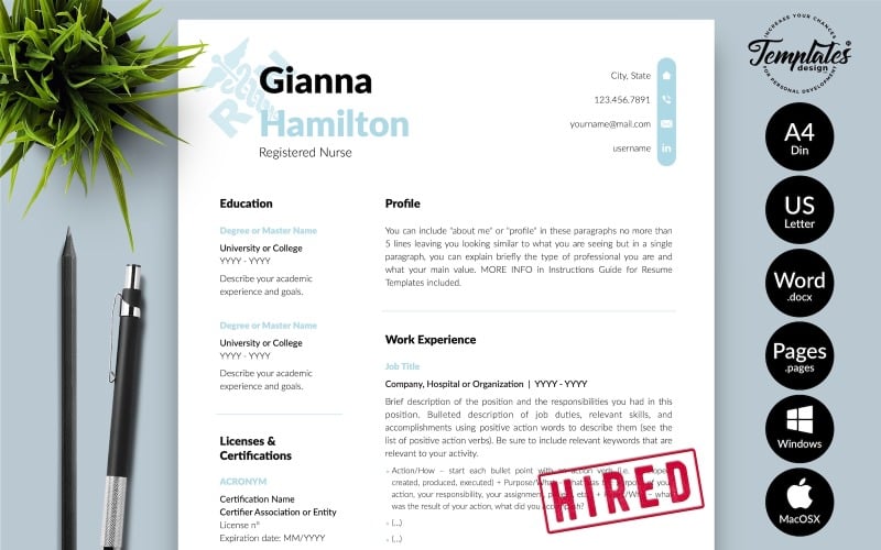 Gianna Hamilton - Nurse CV Resume Template with Cover Letter for Microsoft Word & iWork Pages