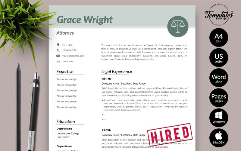 Грейс Райт - шаблон резюме юриста с сопроводительным письмом для Microsoft Word и iWork Pages