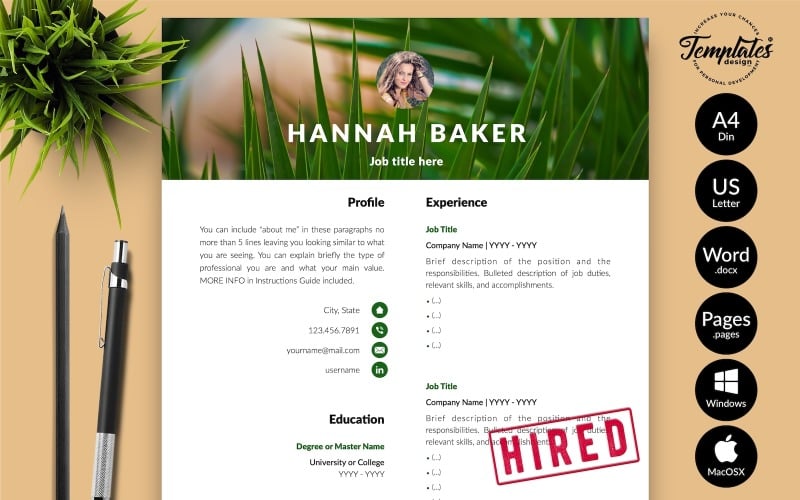 Hannah Baker - 带有 Microsoft Word 和 iWork 页面求职信的创意简历简历模板