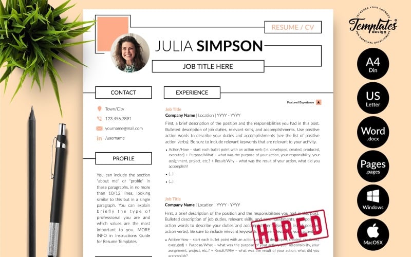 Julia Simpson - Microsoft Word ve iWork Sayfaları için Kapak Mektubu ile Yaratıcı CV Özgeçmiş Şablonu