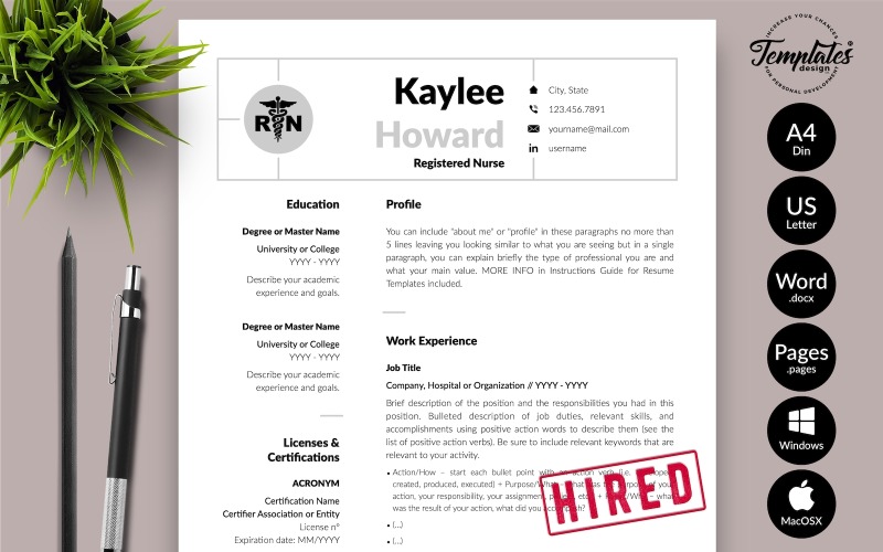 Kaylee Howard - Modèle de CV d'infirmière avec lettre de motivation pour les pages Microsoft Word et iWork