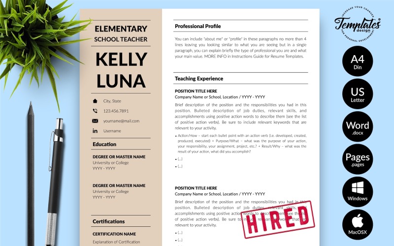 Келлі Луна – шаблон резюме вчителя із супровідним листом для сторінок Microsoft Word і iWork