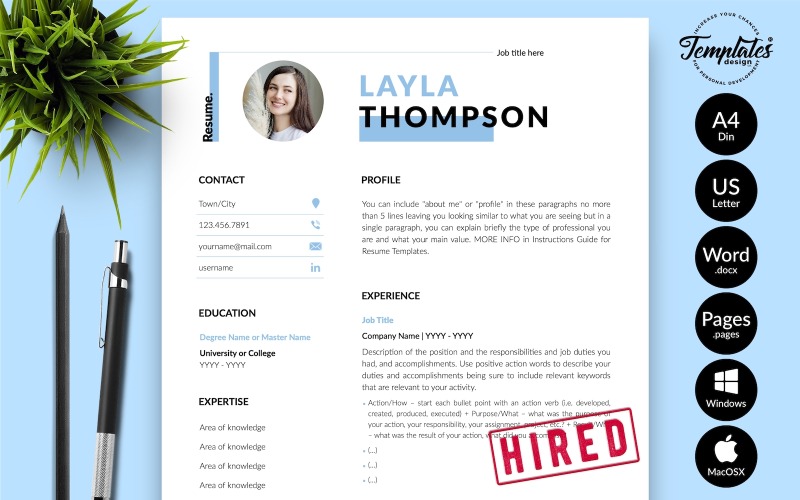 Layla Thompson - Modèle de CV simple avec lettre de motivation pour les pages Microsoft Word et iWork