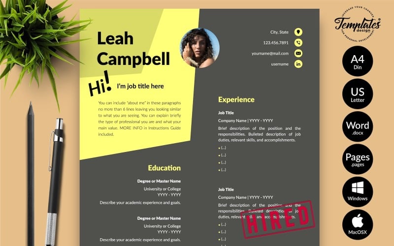 Leah Campbell - Modern CV Resume Template with Cover Letter for Microsoft Word & iWork Pages