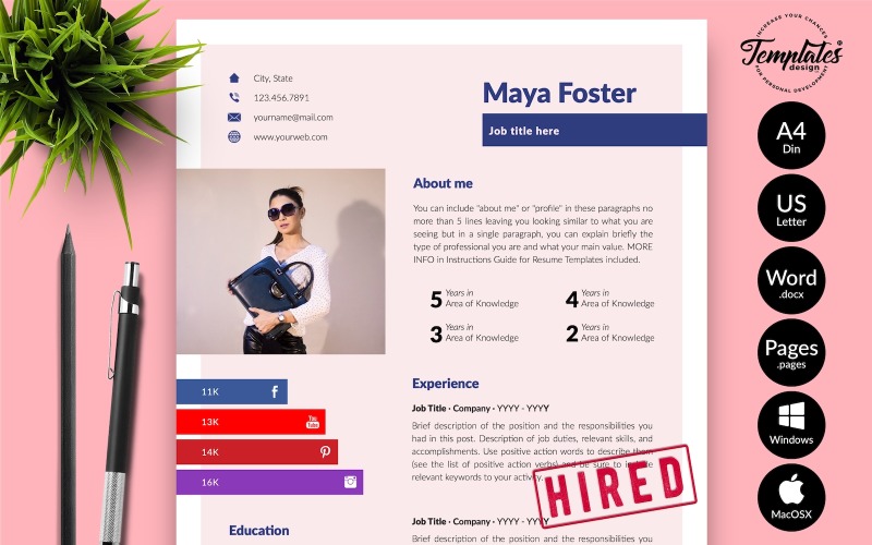 Maya Foster - Plantilla de currículum vitae moderno con carta de presentación para páginas de Microsoft Word e iWork