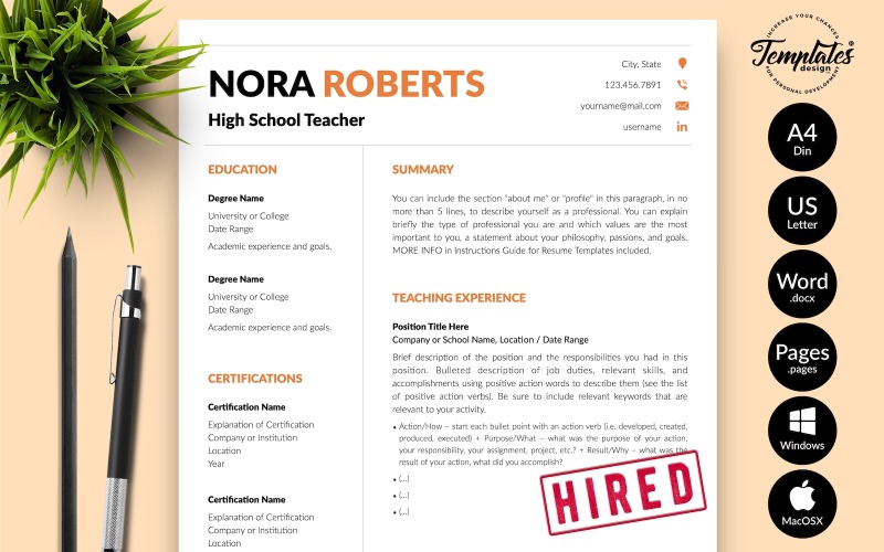 Nora Roberts - Lebenslauf-Vorlage für Lehrer mit Anschreiben für Microsoft Word- und iWork-Seiten