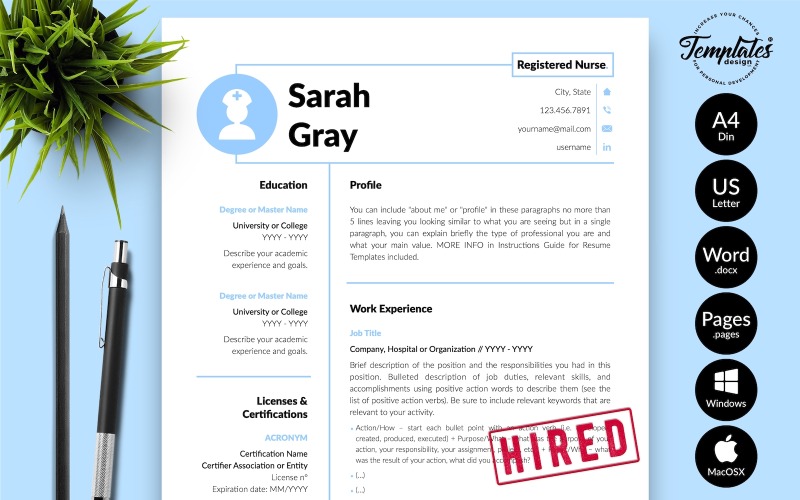 Sarah Gray - Šablona životopisu sestry s průvodním dopisem pro stránky Microsoft Word a iWork