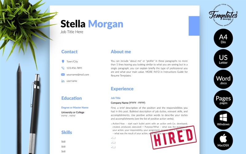 Стелла Морган - чистый шаблон резюме с сопроводительным письмом для Microsoft Word и iWork Pages