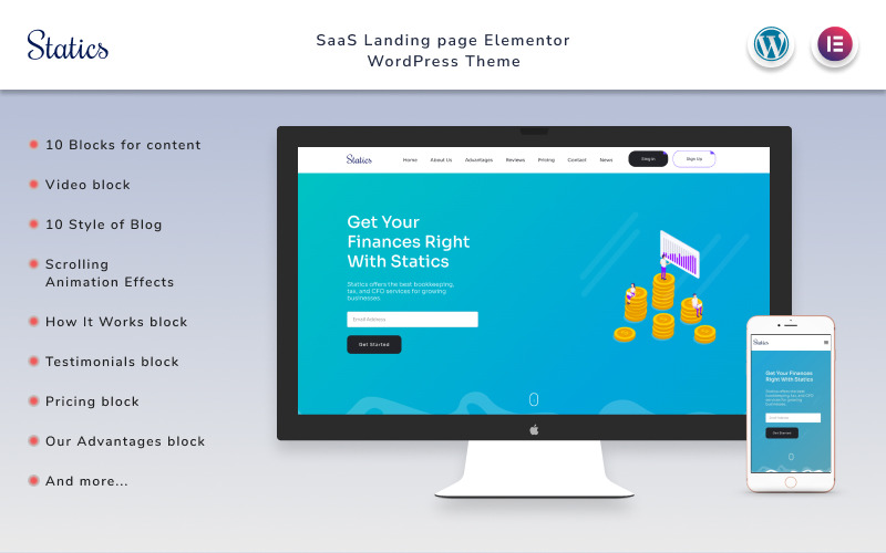 Statics - Landing page de finanças com Blog Elementor WordPress Theme