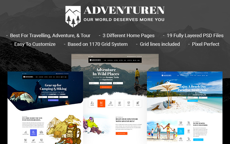 Adventuren – Kaland, utazás és természettúrák PSD-sablon