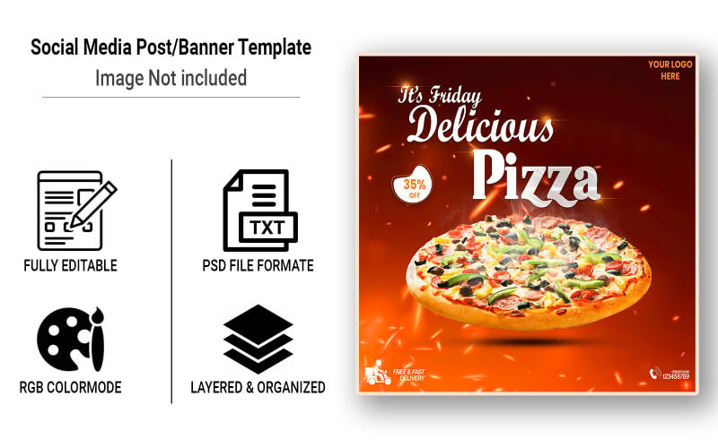 Набор шаблонов публикации баннеров для пиццы в социальных сетях и роскошный ресторан