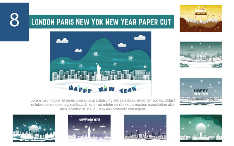 8 corte de papel de año nuevo de Londres París New Yok
