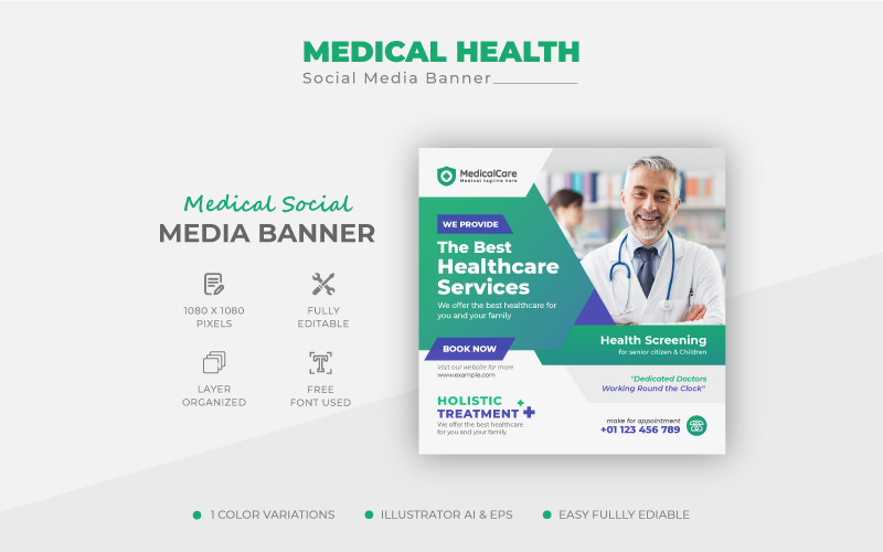 Médico de atención médica, publicación de Facebook, Instagram o banner de publicación de redes sociales