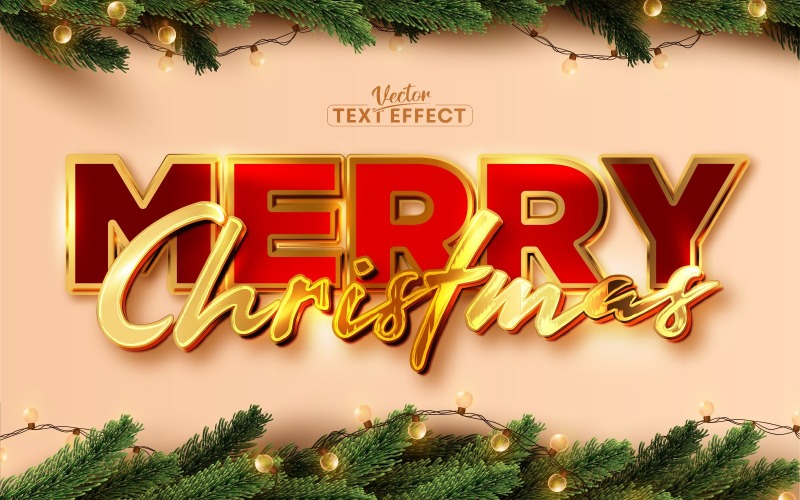 Merry Christmas - Shiny Gold And Red Color, Editable Text Effect, Font Style, Graphics Illustration