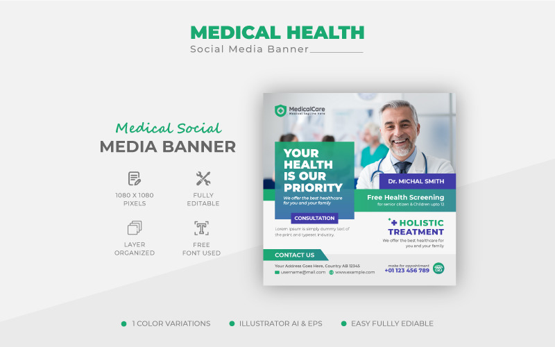 Modello di banner per post sui social media per volantino medico sanitario moderno