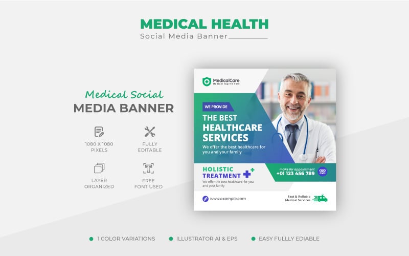 Шаблон банера для листівки про медичне обслуговування в соціальних мережах