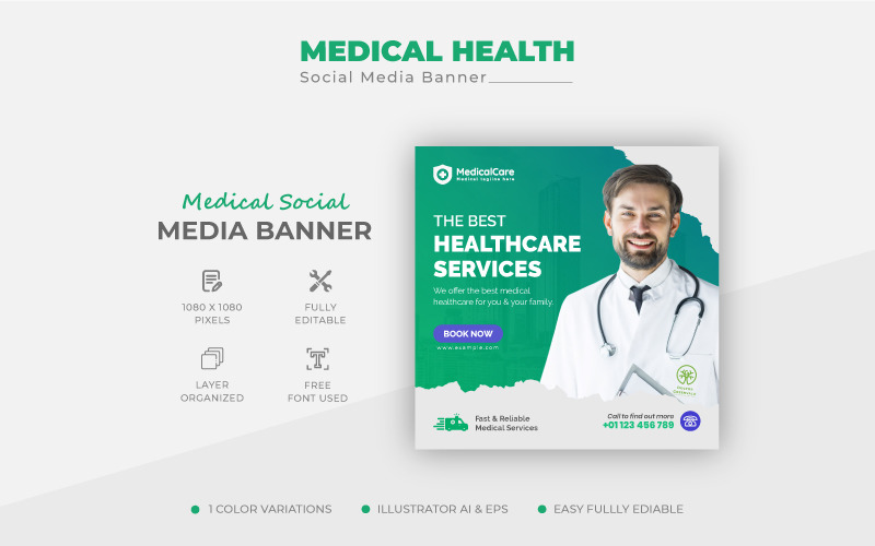 Soins de santé médicaux avec Doctor Square Flyer Bannière de publication sur les médias sociaux
