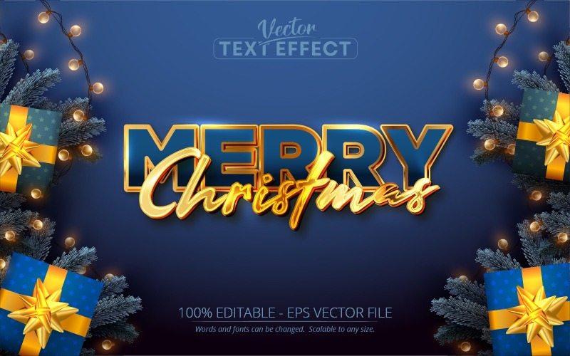 Vrolijk kerstfeest - glanzende gouden en blauwe kleur, bewerkbaar teksteffect, letterstijl, grafische illustratie