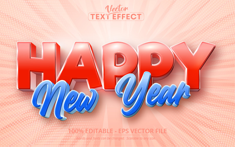 Feliz año nuevo: estilo de dibujos animados, efecto de texto editable,  estilo de fuente, ilustración gráfica