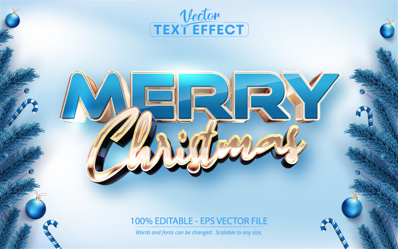 Feliz Natal - ouro e cor azul frio, efeito de texto editável, estilo de fonte, ilustração gráfica