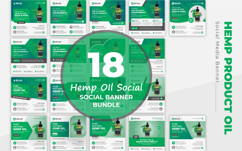 18 Bundle di modelli di post sui social media per la promozione della vendita di prodotti a base di canapa con olio di canapa Cannabis CBD
