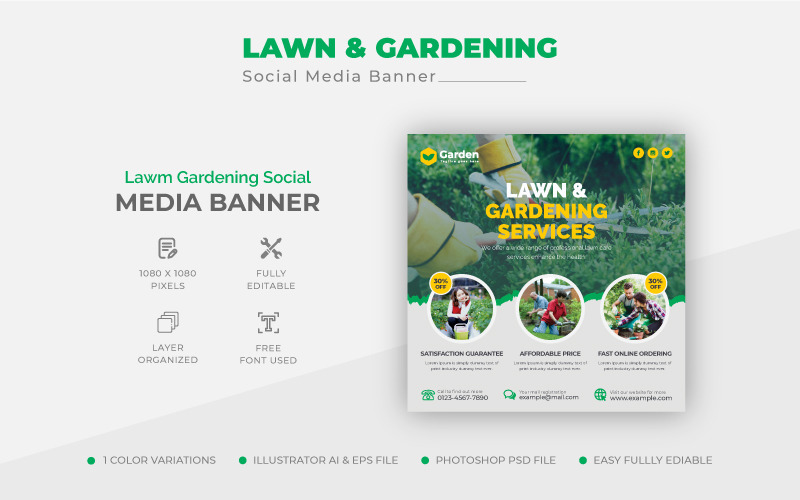 Modèle de bannière de publication sur les médias sociaux pour l'entretien des jardins de pelouse