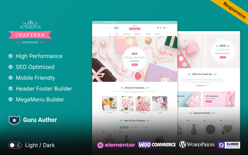 Craftera — многофункциональная адаптивная тема WooCommerce для Elementor и подарков