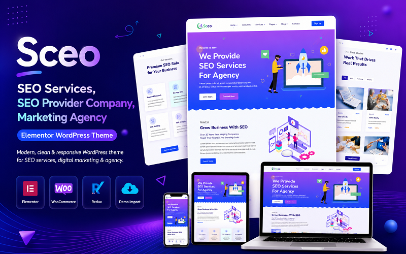 Sceo - SEO послуги, компанія-постачальник SEO послуг, маркетингове агентство Тема WordPress Elementor